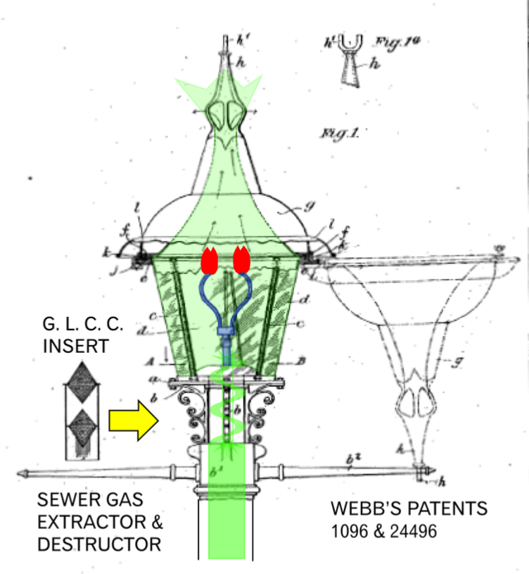 Webb’s subsequent patent drawing showing the open base of the lantern and the hinging cowl